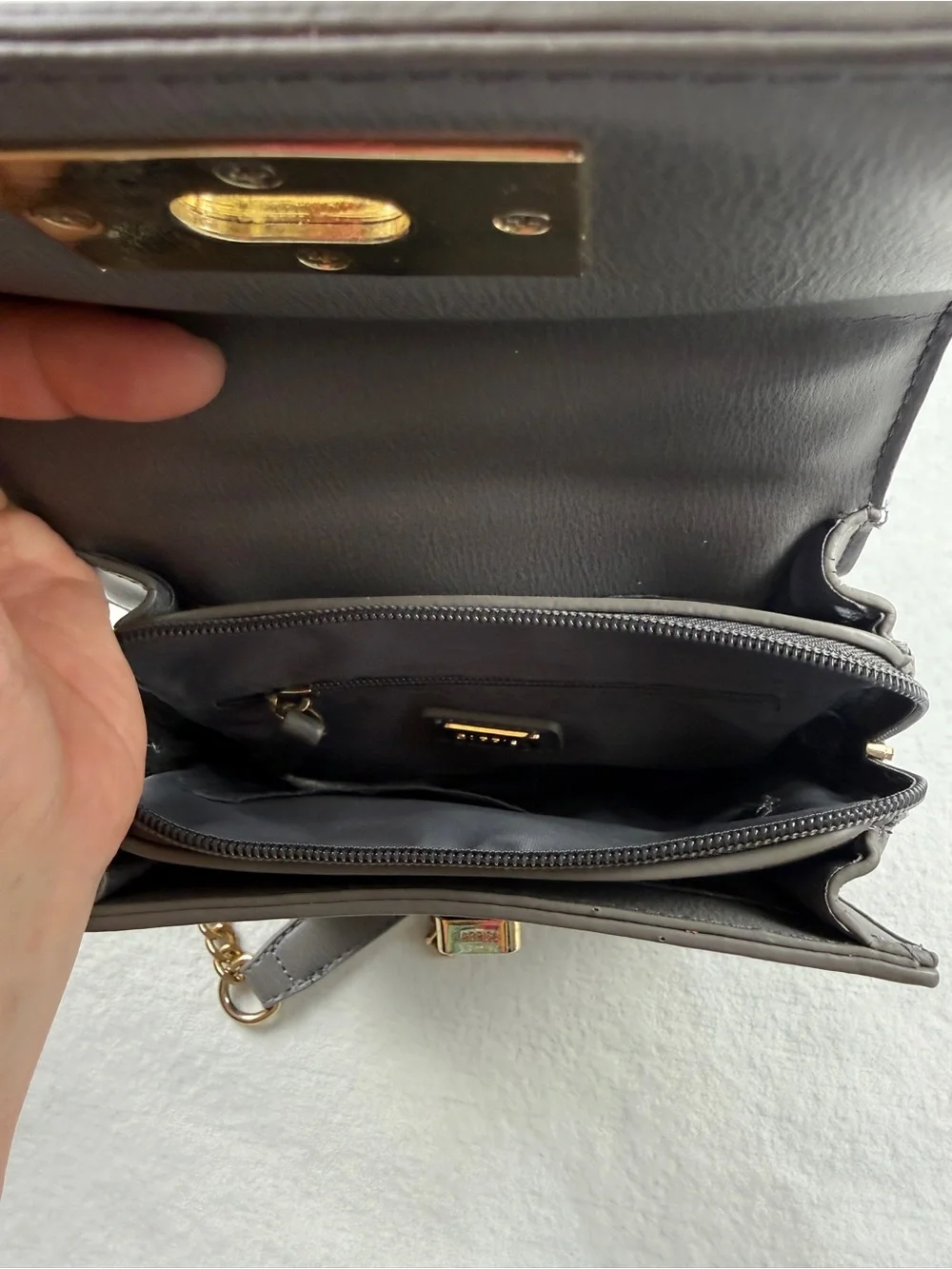 Carpisa Gray Crossbody Purse Gold Chain Turn Lock Structured Mini Bag